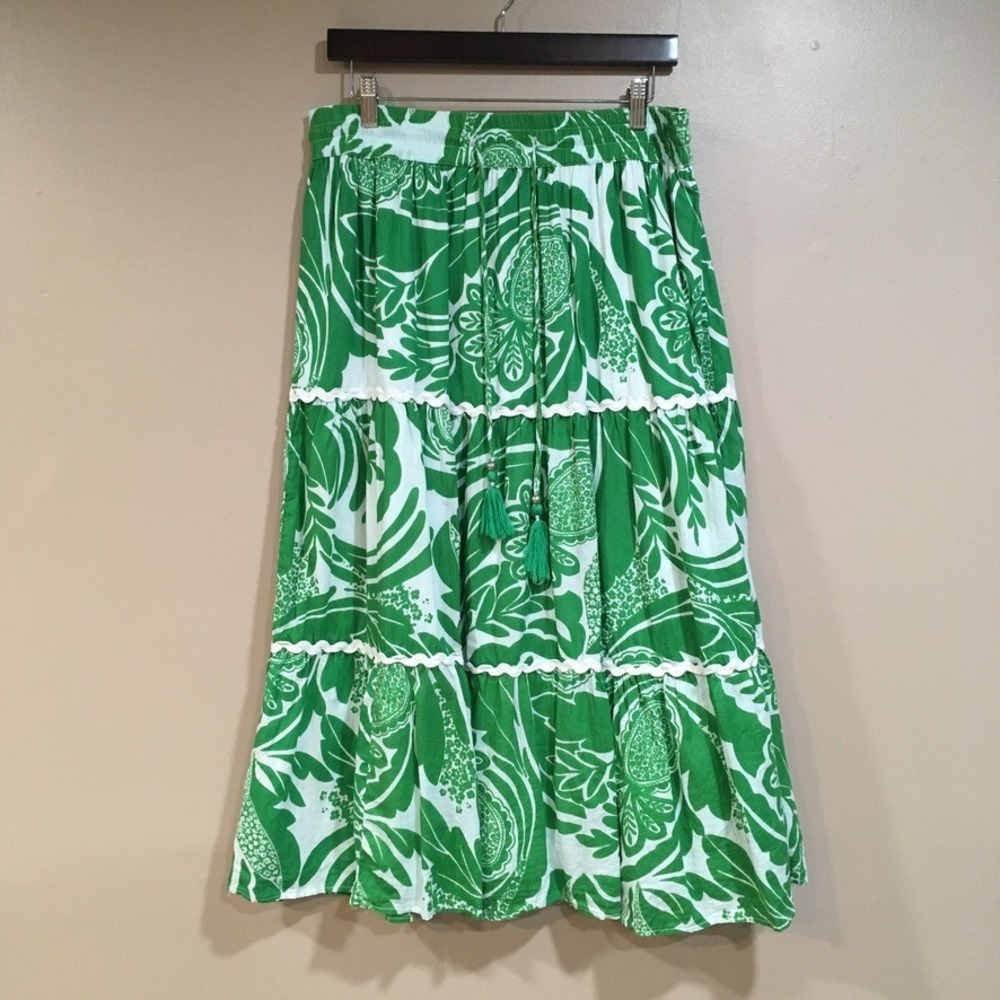 Mlle Gabrielle Floral Tiered Maxi Skirt Womens L Green Boho Tropical Boho Resort